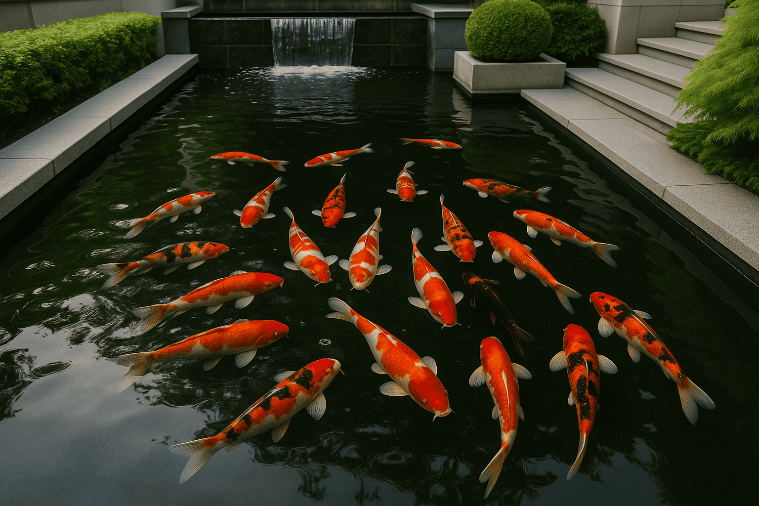 Koi fish swimming in a decorative garden pond